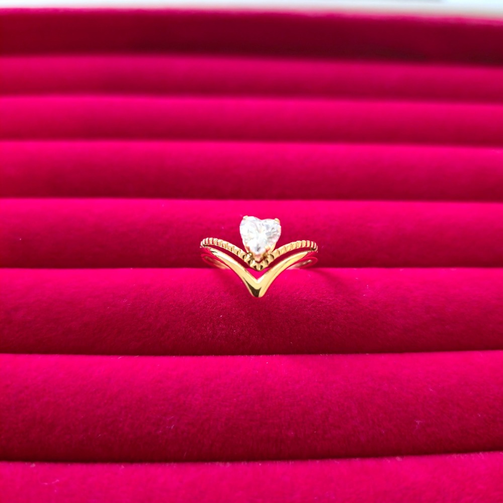 18K Gold Plated Heart Wishbone Ring Adjustable Stainless Steel Chevron CZ